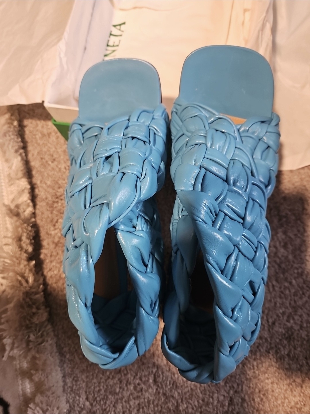 Bottega Veneta Blue Woven Leather Slide Mules